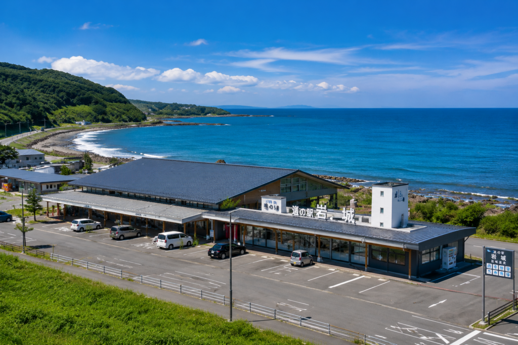 由利本荘市の道の駅岩城と日本海を望む海沿いの風景