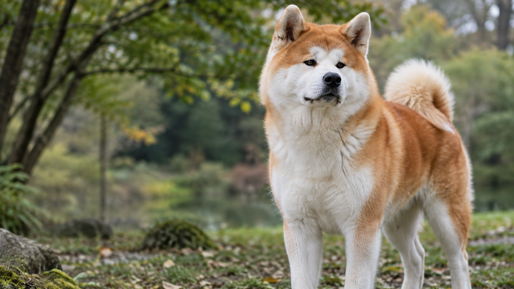 緑を背景に立つ赤毛の秋田犬のイメージ