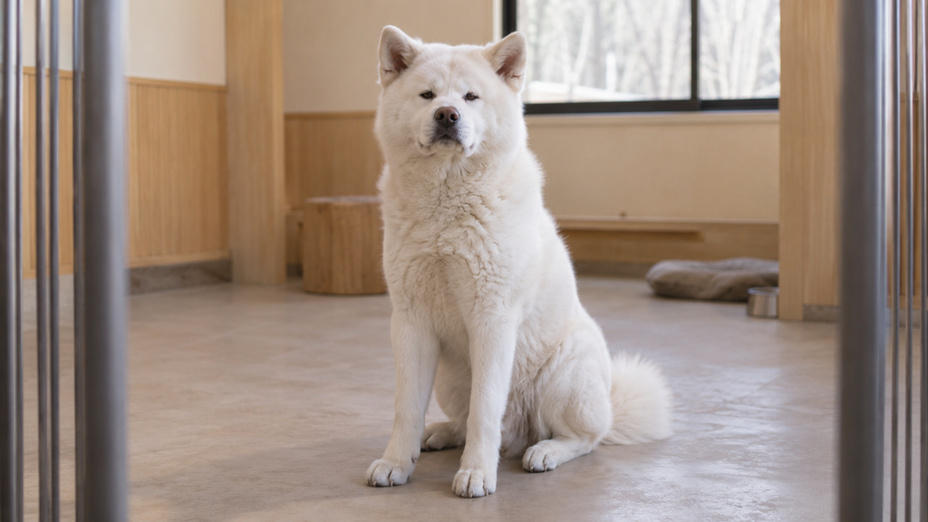 屋内で座る白い秋田犬の見学イメージ（AI生成）