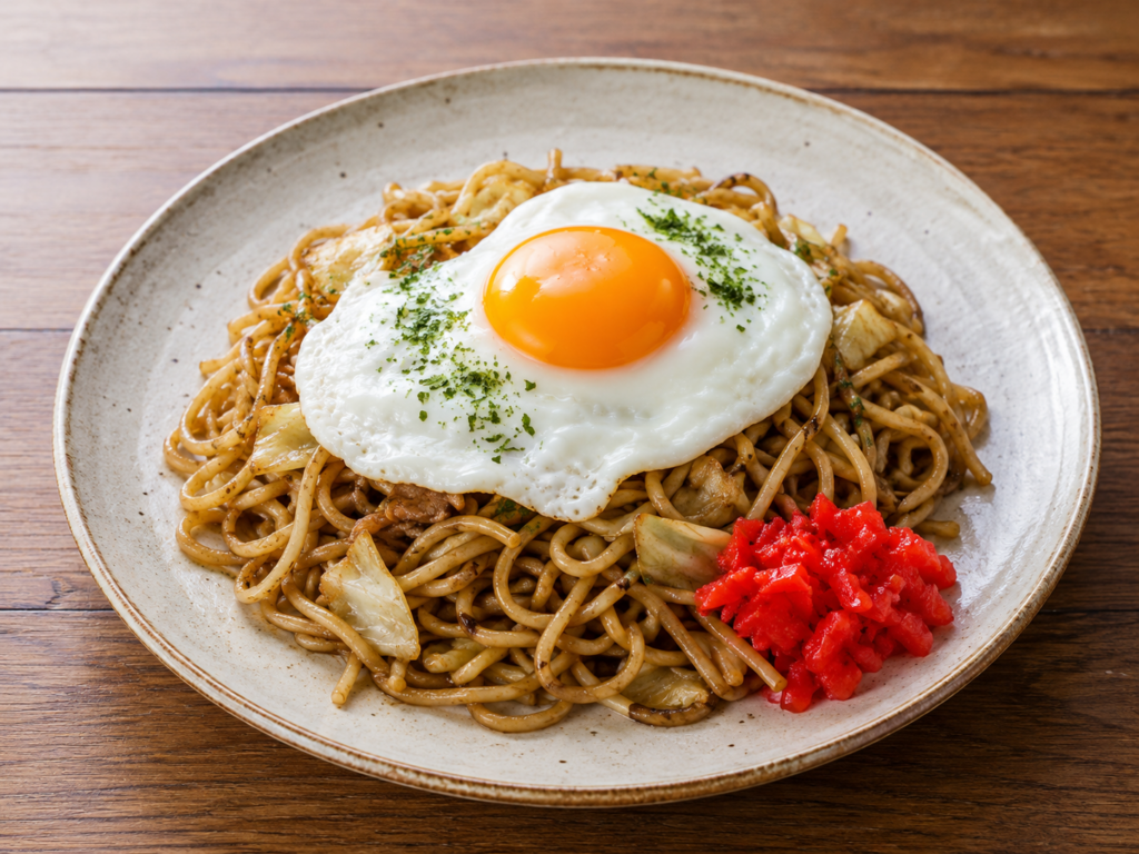 半熟目玉焼きと福神漬けがのった横手やきそば