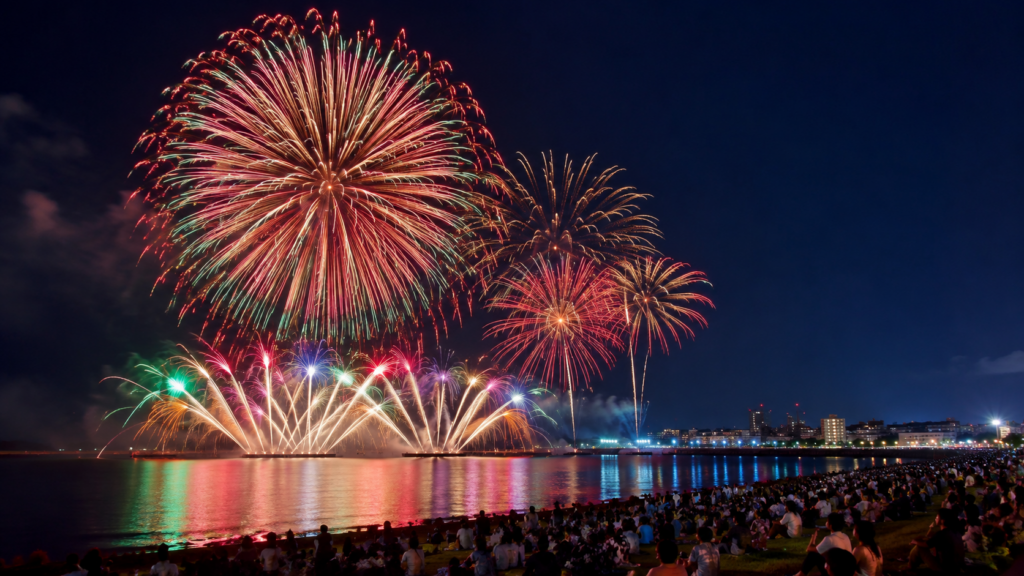 秋田の花火大会を楽しむ夏の夜空と観覧風景