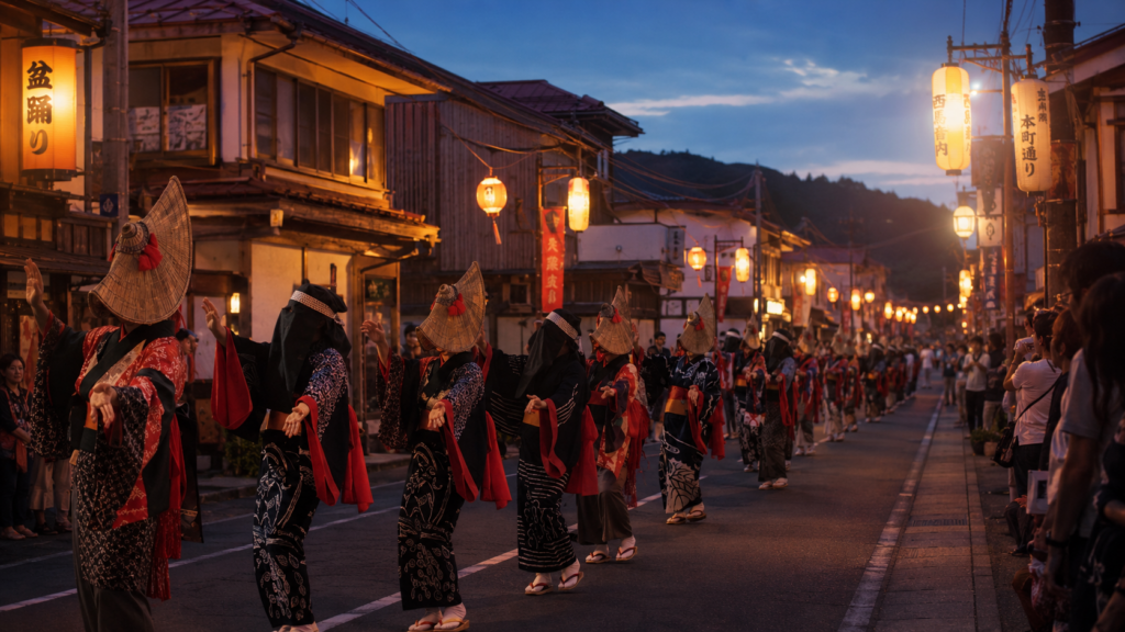 西馬音内盆踊りで編み笠や彦三頭巾をまとった踊り手が並ぶ風景