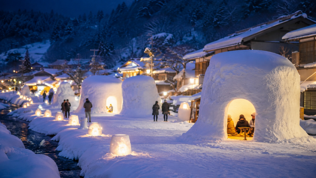 横手市のかまくら祭りで雪のかまくらが灯る冬景色