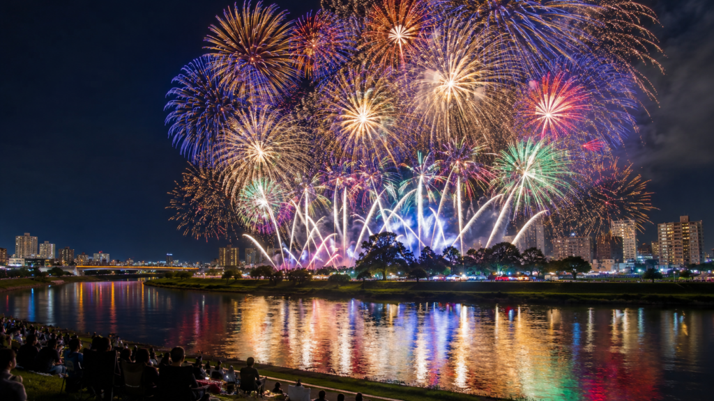 秋田のお祭り年間スケジュールを紹介する夜祭りと花火のイメージ画像