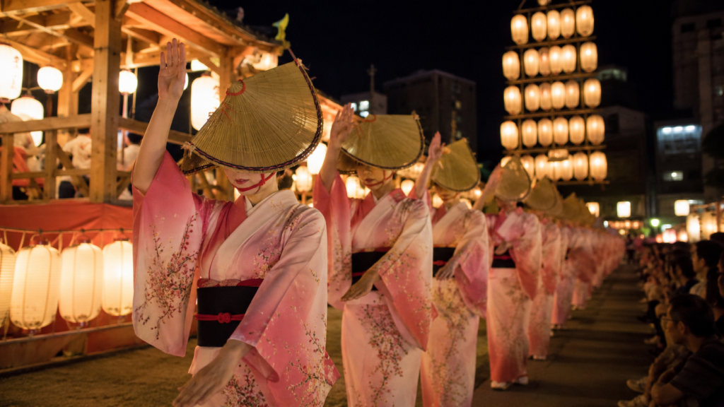 盆踊りと曳山と提灯が並ぶ秋田の夜祭り風景